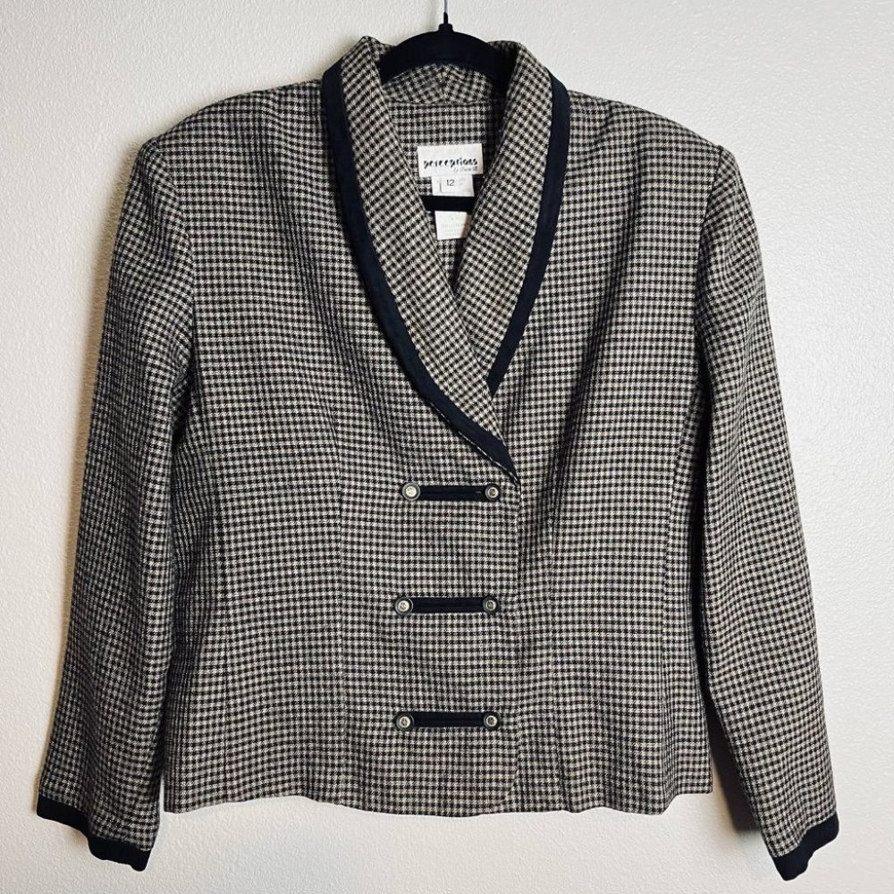 vtg 80s/90s brown & black houndstooth blazer 12 crop tailored horse girl preppy